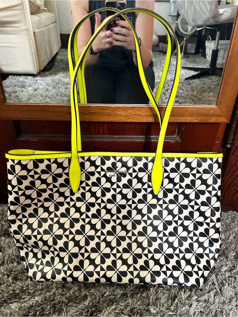 Kate Spade Black & White Tote with Neon Yellow Trim